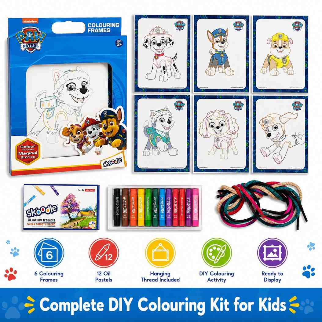 Paw Patrol Theme Colouring Frames Kit with 6 Colouring Frames, 12 Oil Pastels & Hanging Thread | DIY Kids Art & Craft Kit