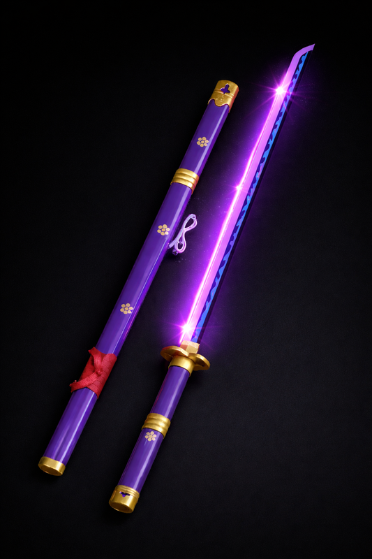 Premium LED Purple Samurai Sword with glowing plastic blade and wooden upper part. Lightweight, safe and durable toy sword with plastic cover. Perfect for cosplay, decoration and kids play. Length 104cm (ENMA VIOLET)