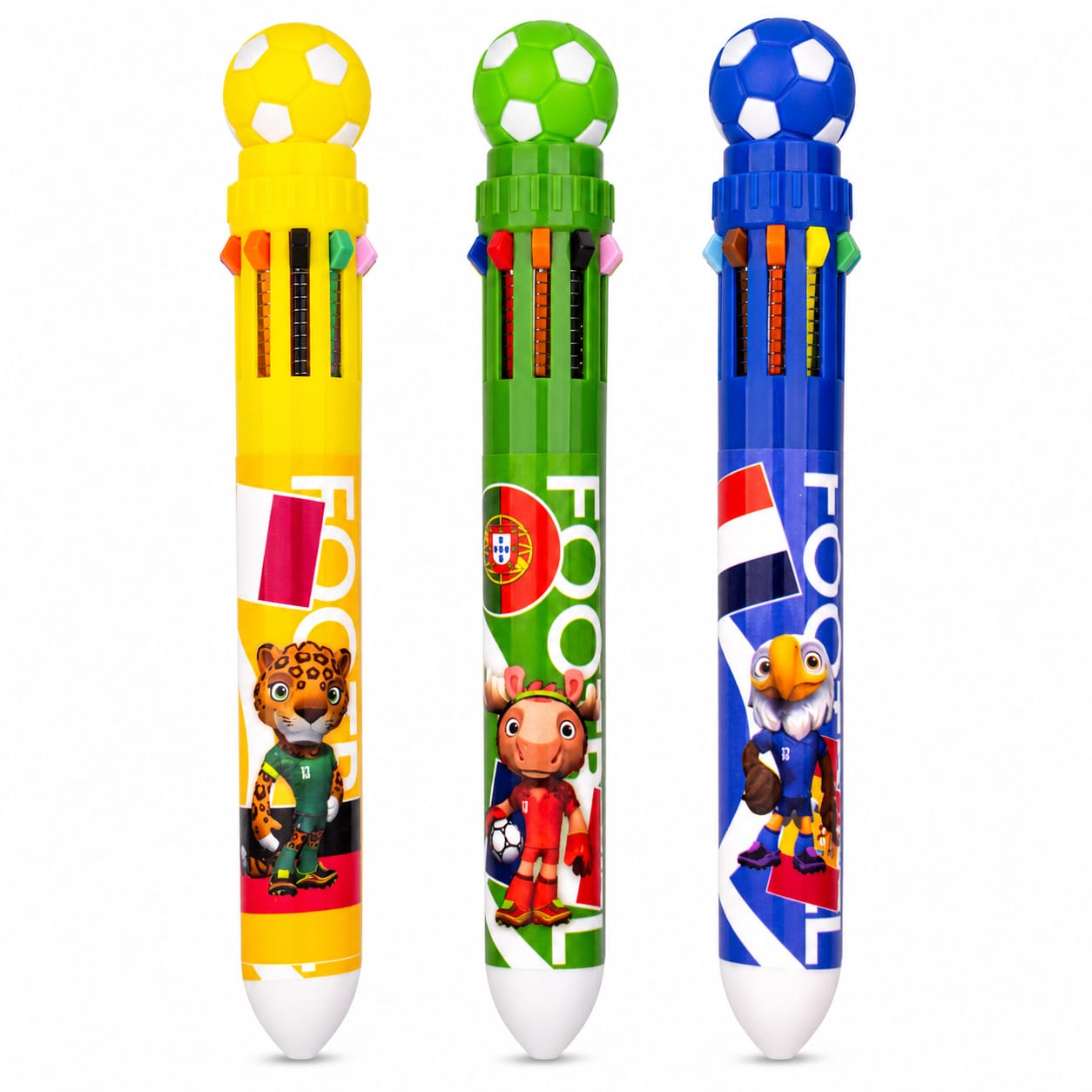 Football Theme 10-in-1 Multicolor Pen Set | 10 Color Retractable Ball Pen | Smooth Writing School Stationery | Pack of 3