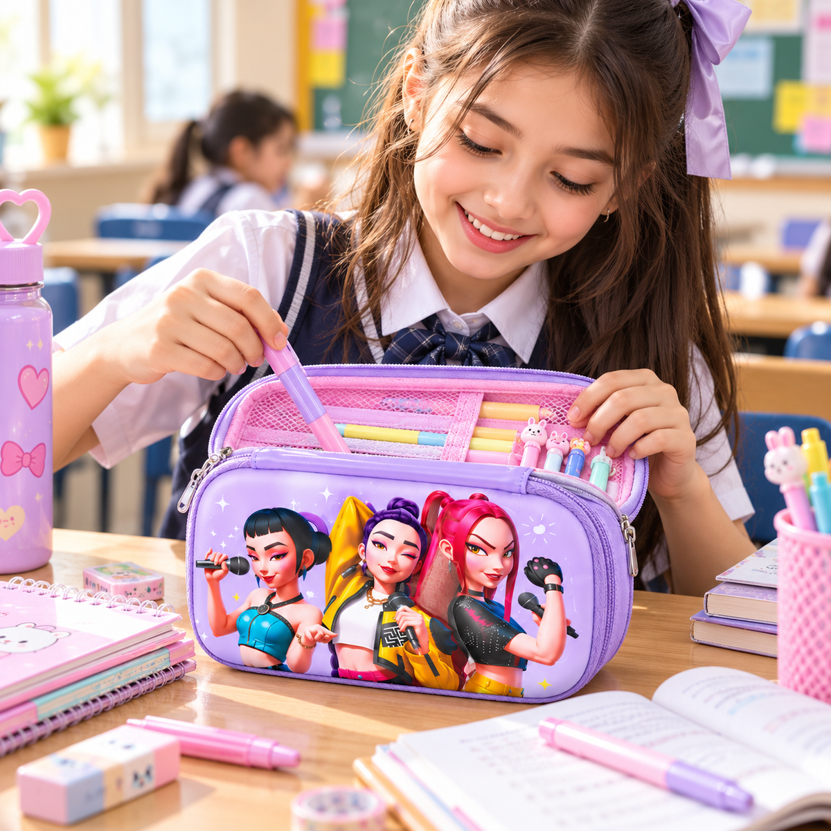 K POP Demon Hunters Pencil Pouch for Kids & Girls | Large Capacity Pencil Case with Double Zipper, Mesh Pocket & Pen Loops | 22.5 × 14 × 5 cm (Random 1 Pc)