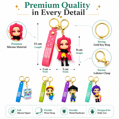 K POP Demon Hunters Key Chain Set of 4 Demon Character Keychains – Rumi, Mira, Zoey & Luna | Cute Anime Key Ring for Girls | Rubber Pendant Bag Charm | Stylish Gift for Kids & Women Random charactors