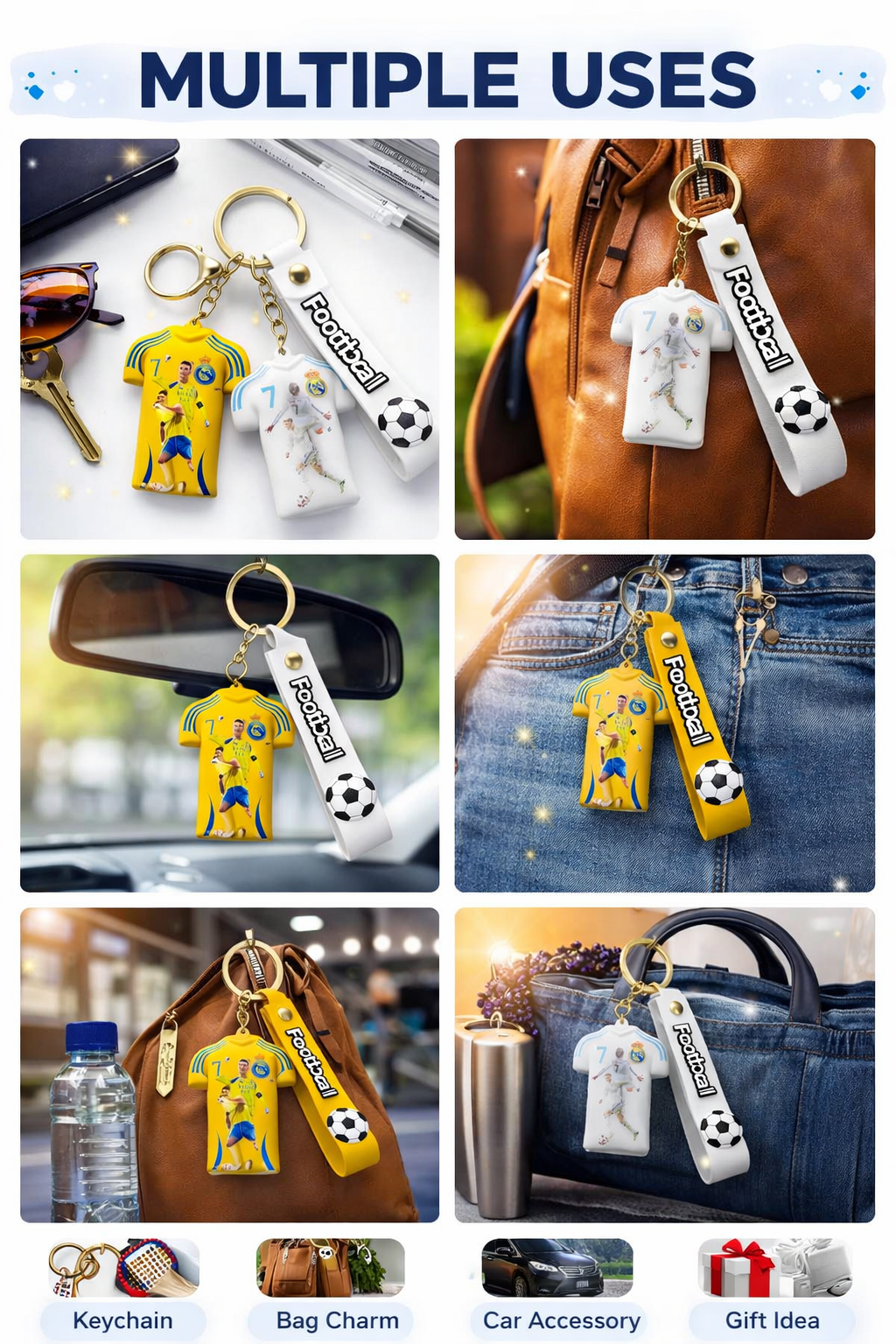Football Jersey Keychain Combo Pack (Set of 2) | CR7 Ronaldo No.7 | Premium Silicone Key Ring with Strap | Gift for Football Fans, Boys, Men | Bag, Bike, Car Accessories (RONALDO)