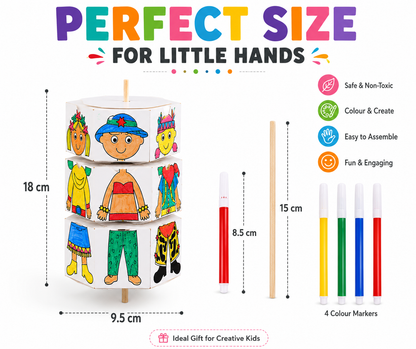 Kids DIY Colouring Kit with 4 Markers & Wooden Stick | Mix & Match Character Cube