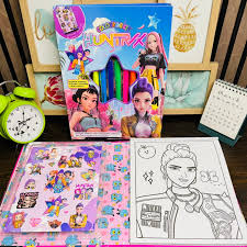 K POP Demon Hunters Colouring Kit for Kids – 6 Color Markers, 60+ Holographic Stickers, 30+ Activity Pages | Creative Art & Craft Gift Set
