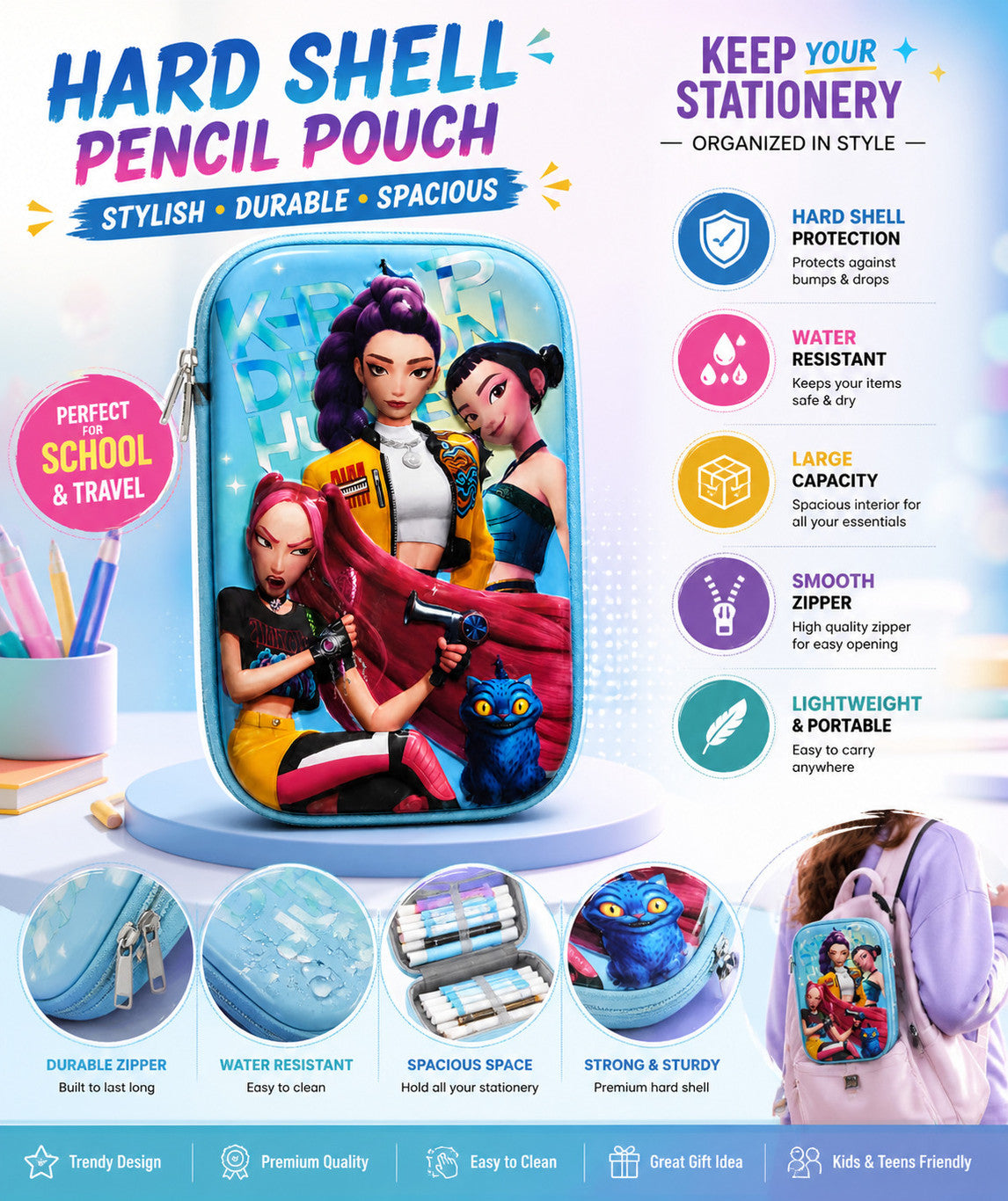 K Pop Demon Hunters Pencil Case Random 1 PCS – Cute Anime Zipper Storage Pouch for Kids Girls Boys School Stationery Organizer