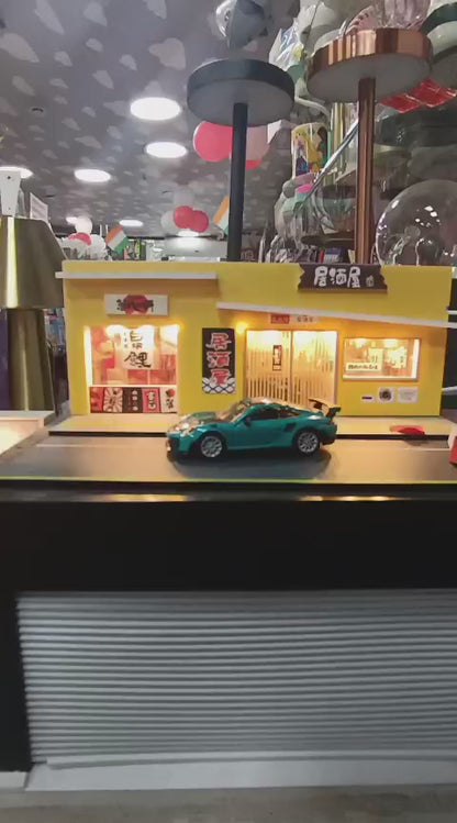 Diecast Car Display Garage 1:64 Scale with LED Lighting & Voice Control | Stackable Storage Case with 3 Changeable Diorama Scenes (Black)