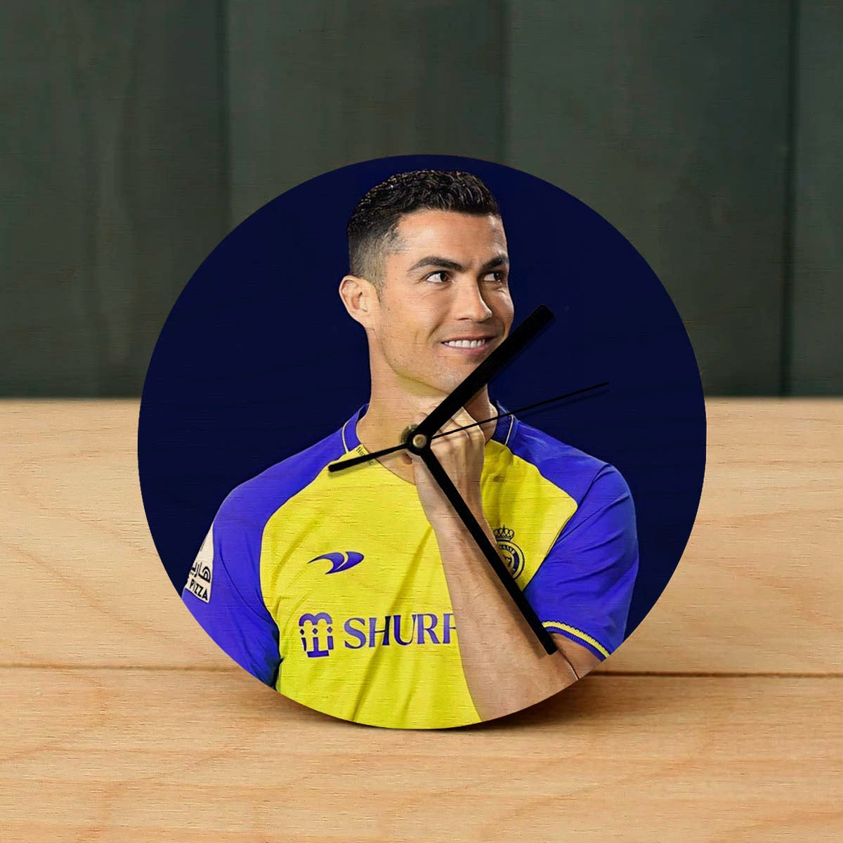 Cristiano Ronaldo Wooden Table Clock on Premium Plywood | Ink Infused into the Wood | 6 x 6 inches with table stand ; 1 AA battery |