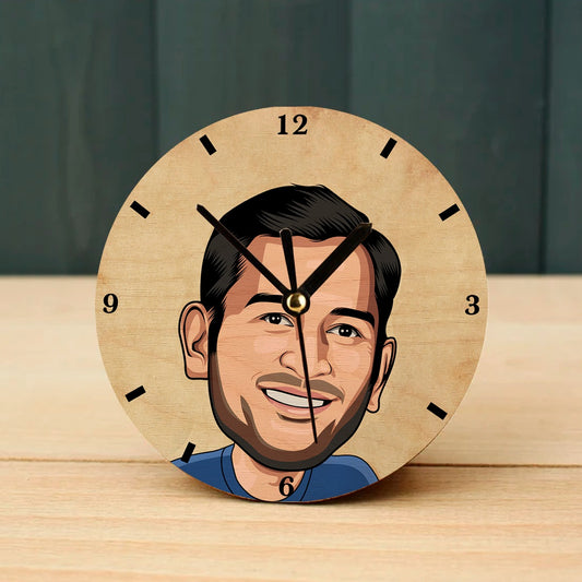 MS Dhoni (Captain Cool) Wooden Table Clock on Premium Plywood | Ink Infused into the Wood | 6 x 6 inches with table stand ; 1 AA battery | Cricket ; Indian Team ; Bleed Blue |