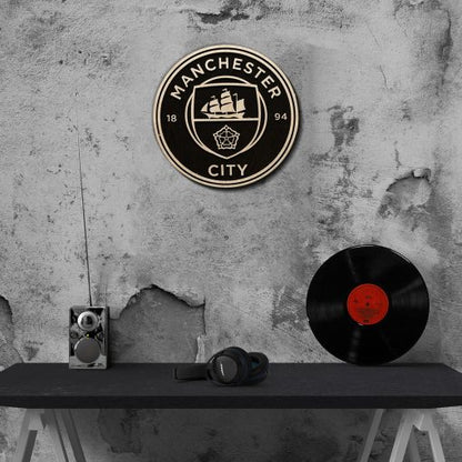 Manchester City Black & White Wooden Crest | 12 inch x 12 inch