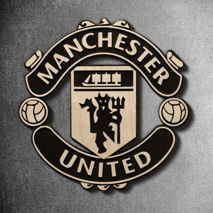 Manchester United Black & White Wooden Crest | 12 inch x 12 inch