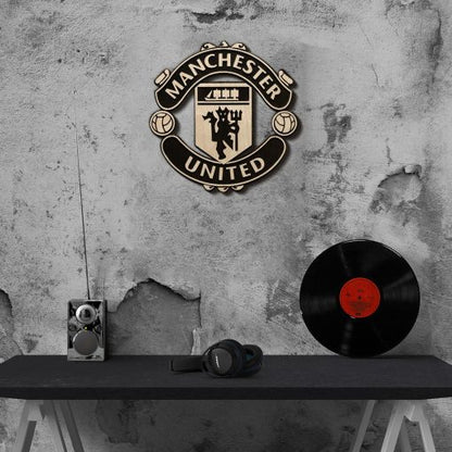 Manchester United Black & White Wooden Crest | 12 inch x 12 inch