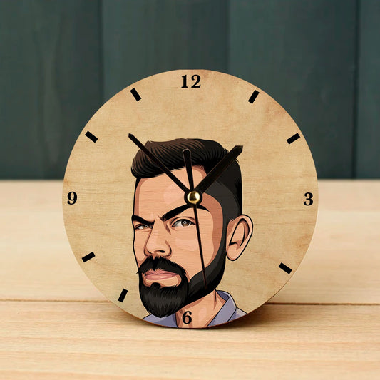 Virat Kohli (King Kohli) Wooden Table Clock on Premium Plywood | Ink Infused into the Wood | 6 x 6 inches with table stand ; 1 AA battery | Cricket ; Indian Team ; Bleed Blue |