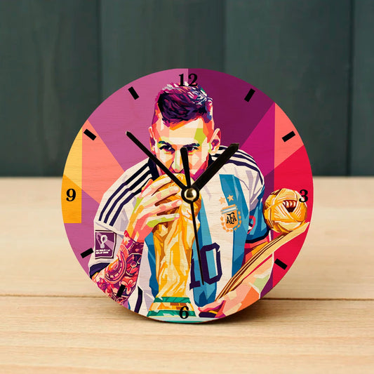 Lionel Messi (La Pulga) World Cup Wooden Table Clock on Premium Plywood | Ink Infused into the Wood | 6 x 6 inches with table stand ; 1 AA battery |