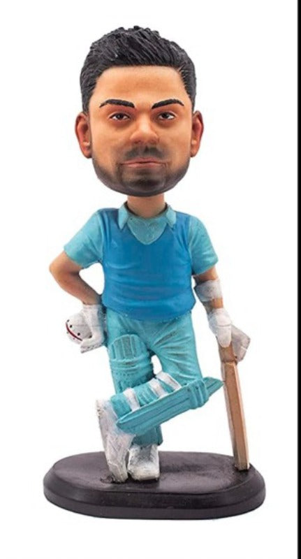 Virat Kholi (King Kohli) Indian Jersey (Design B) Polyresin Bobble Head | 14 Cm | Made In India ; Hand Painted | Cricket ; Indian Team ; Bleed Blue |