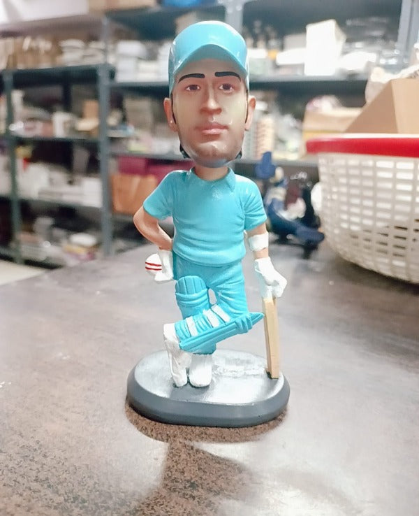 MS Dhoni (Captain Cool) India Jersey With Cap Polyresin Bobble Head | 14 Cm | Made In India ; Hand Painted | Cricket ; Indian Team ; Bleed Blue |