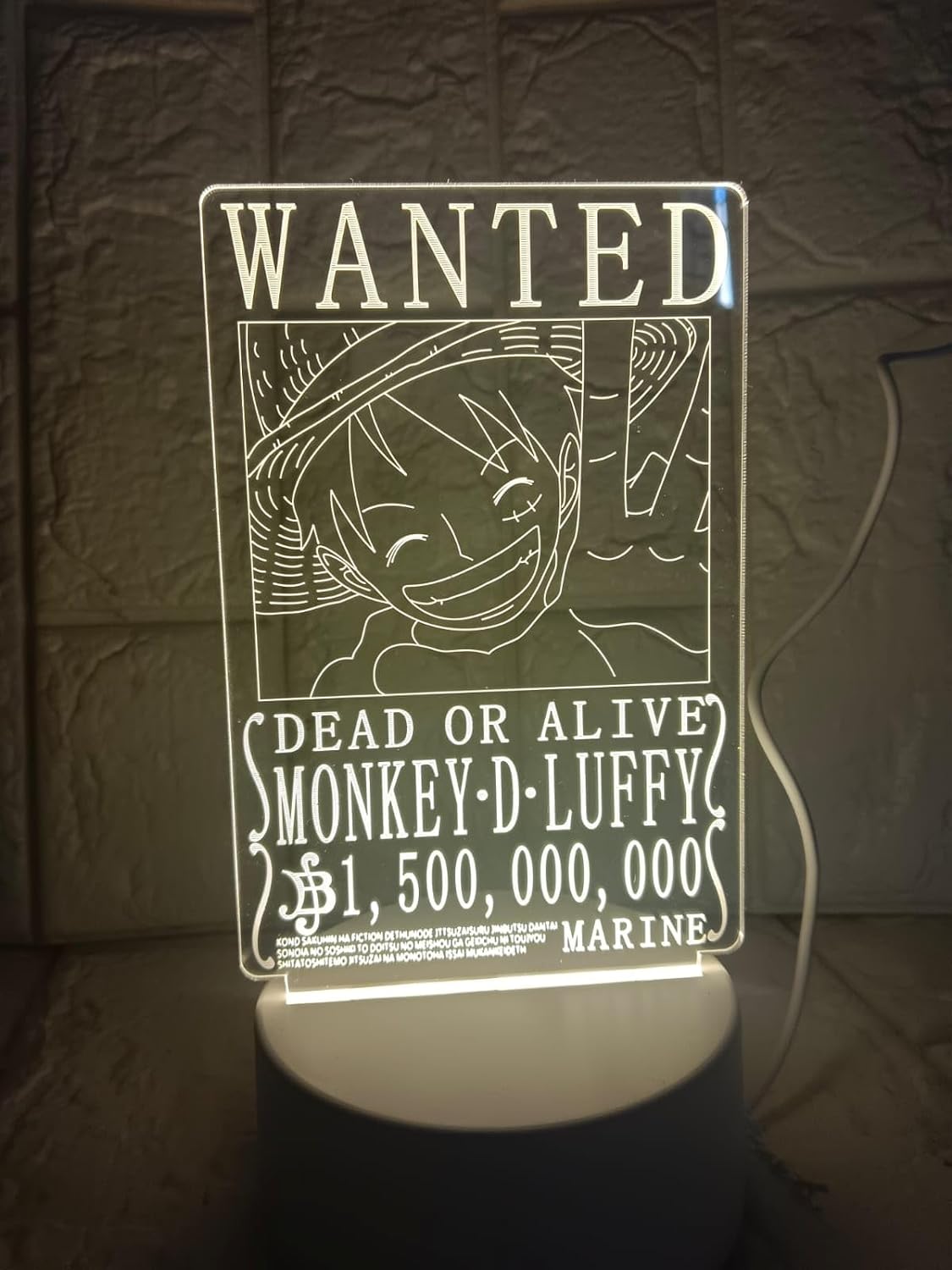 Anime One Piece Monkey D. Luffy Wanted  3D Acrylic Night LED Light with USB plugin Base | Size: 20 cm