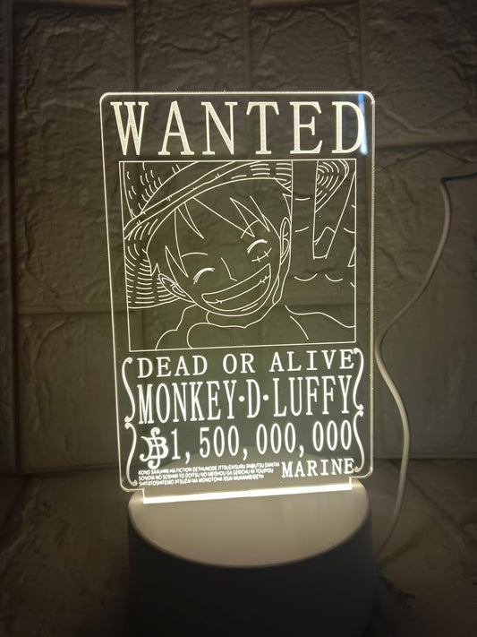 Anime One Piece Monkey D. Luffy Wanted  3D Acrylic Night LED Light with USB plugin Base | Size: 20 cm