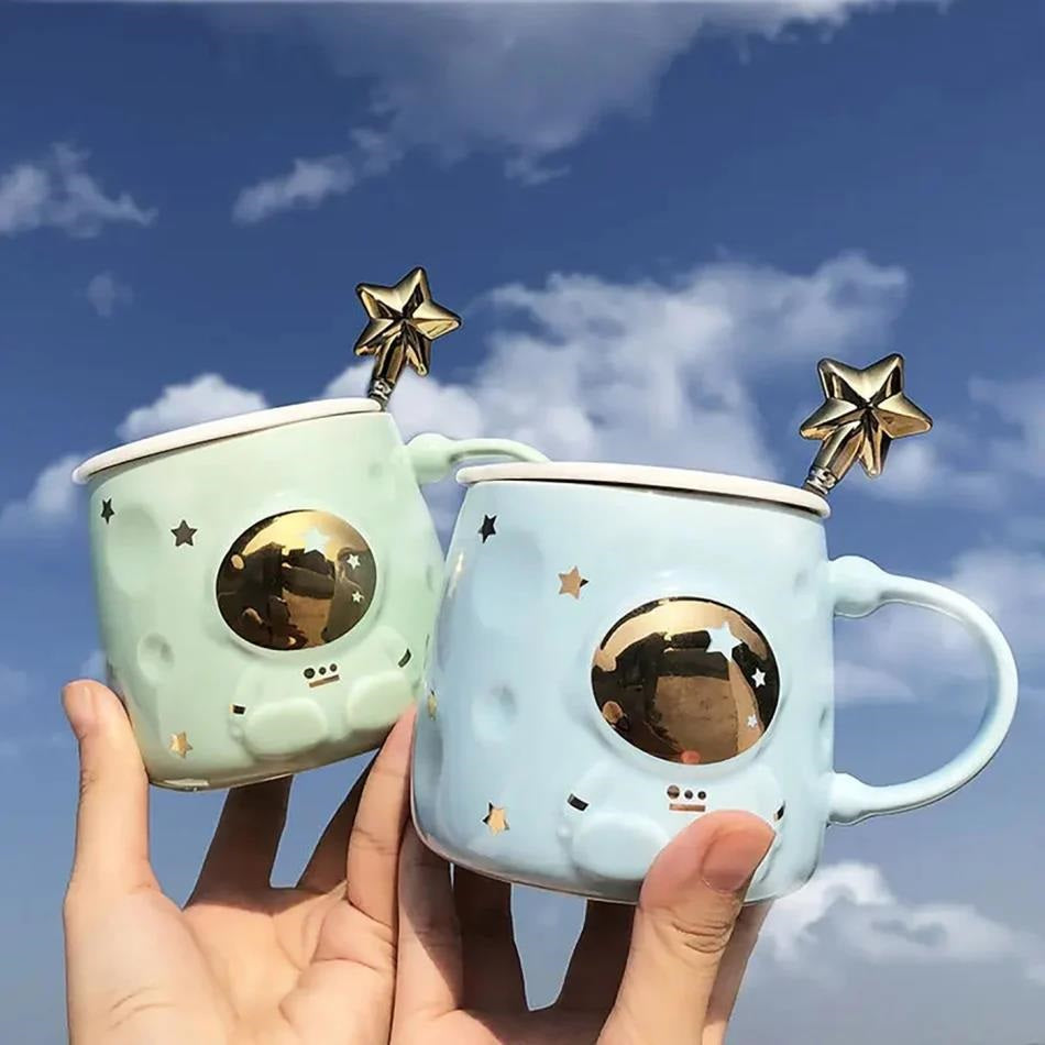 Space Ceramic Milk & Coffee Mug With Lid And Star Spoon