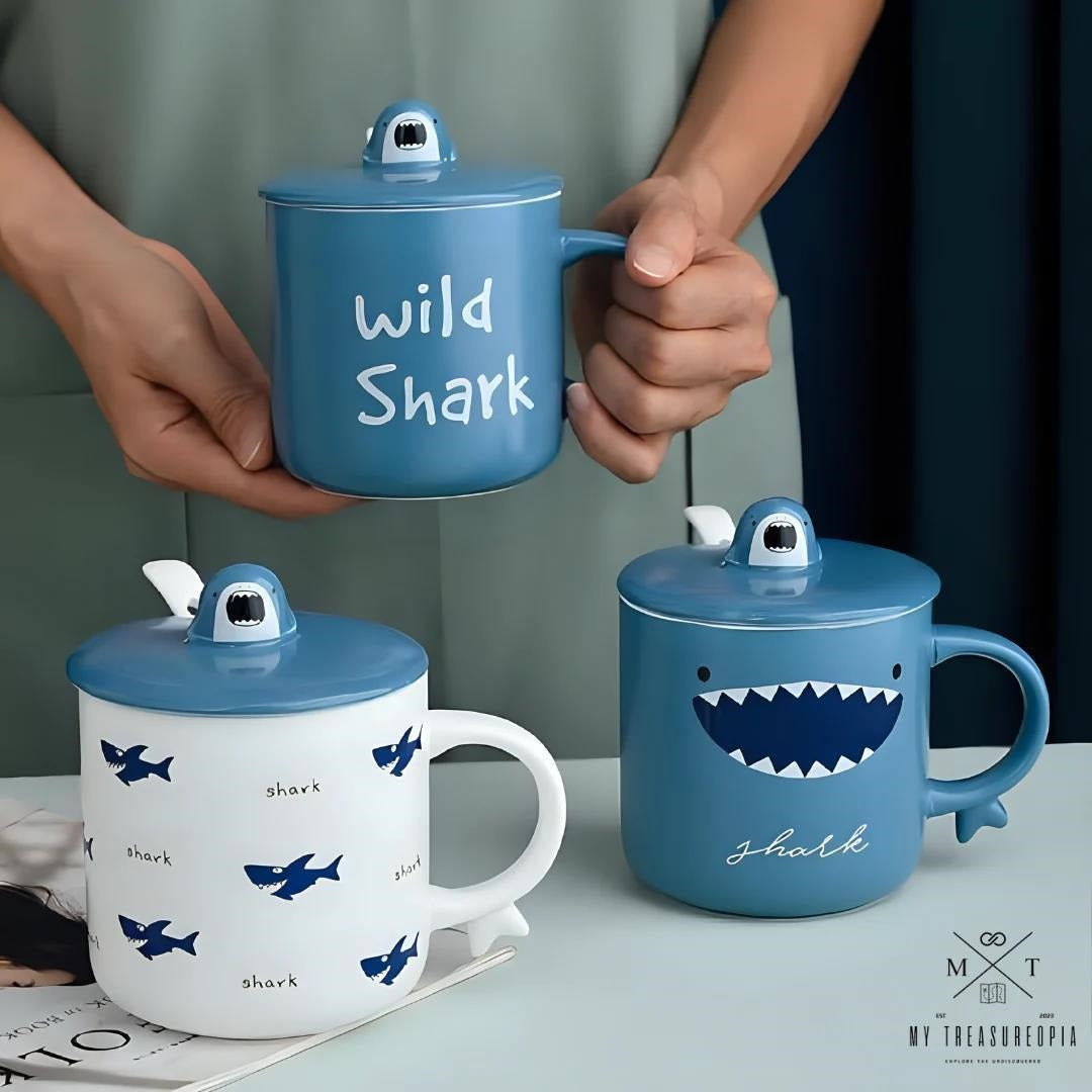 Shark Ceramic Milk & Coffee Mug With Lid And Spoon