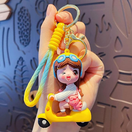 Yellow Electric Bike + Girl Keychain with Loop and Hook Key Chain Bag Hanging Keyring