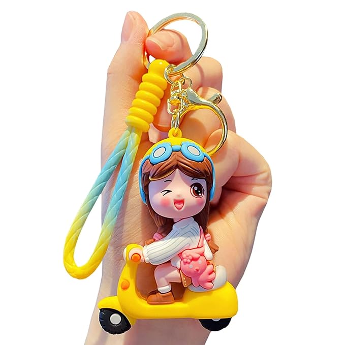 Yellow Electric Bike + Girl Keychain with Loop and Hook Key Chain Bag Hanging Keyring