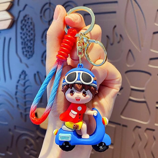 Blue Electric Bike + Boy Keychain with Loop and Hook Key Chain Bag Hanging Keyring