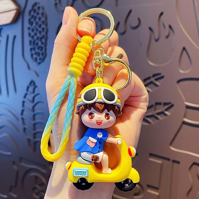 Yellow Electric Bike + Boy Keychain with Loop and Hook Key Chain Bag Hanging Keyring