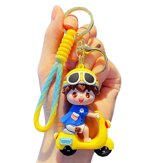 Yellow Electric Bike + Boy Keychain with Loop and Hook Key Chain Bag Hanging Keyring