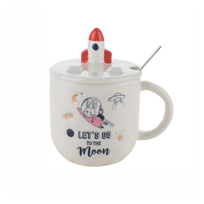 Rocket Ceramic Milk & Coffee Mug With Lid And Spoon