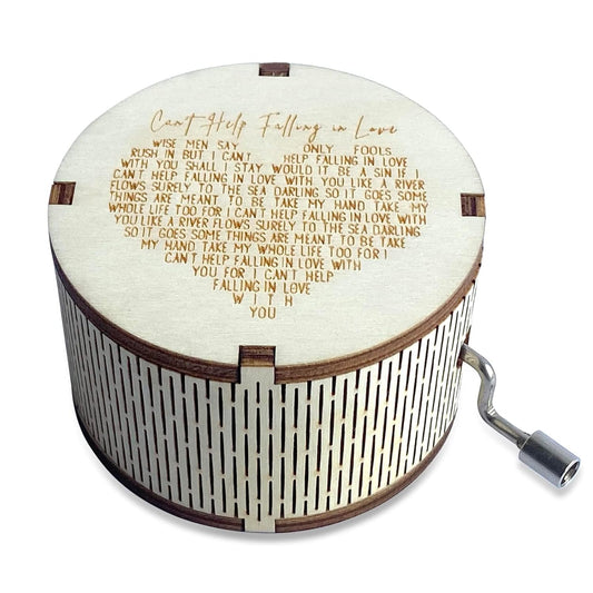 Can't Help Falling in Love Music Box Wooden Vintage Hand Crank - Engraved Music Box Kids Toy Desk Decoration (Round)