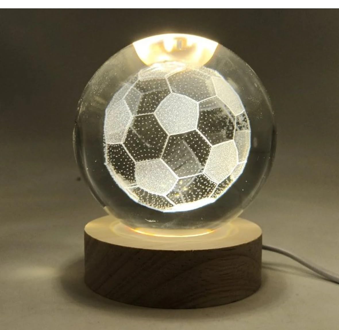 3D Crystal Ball Lamp Luminous Lamp with Wooden Base| 3D Laser Engraving Inside Crystal Ball | Warm White Light for Bedroom Decor, Birthday Gift (No Switch- Only Cable) Football B