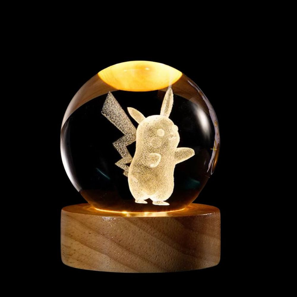 3D Crystal Ball Lamp Luminous Lamp with Wooden Base| 3D Laser Engraving Inside Crystal Ball | Warm White Light for Bedroom Decor, Birthday Gift (No Switch- Only Cable)  Pikachu