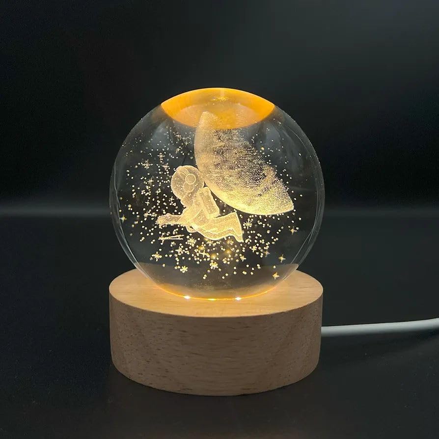 3D Crystal Ball Lamp Luminous Lamp with Wooden Base| 3D Laser Engraving Inside Crystal Ball | Warm White Light for Bedroom Decor, Birthday Gift (No Switch- Only Cable) Astronaut Roaming