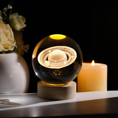 3D Crystal Ball Lamp Luminous Lamp with Wooden Base| 3D Laser Engraving Inside Crystal Ball | Warm White Light for Bedroom Decor, Birthday Gift (No Switch- Only Cable) Saturn