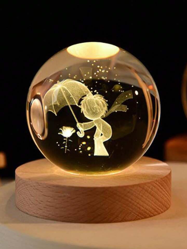 3D Crystal Ball Lamp Luminous Lamp with Wooden Base| 3D Laser Engraving Inside Crystal Ball | Warm White Light for Bedroom Decor, Birthday Gift (No Switch- Only Cable) Litle Princes with Umbrella