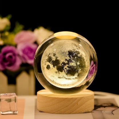 3D Crystal Ball Lamp Luminous Lamp with Wooden Base | 3D Laser Engraving Inside Crystal Ball | Warm White Light for Bedroom Decor, Birthday Gift (No Switch- Only Cable) Full Moon