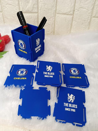 Chelseea Pen Holder, Football Team Pen and Pencil Holder, Foldable Silicone Rubber Organizer Square Storage Box Gifts for Fans, Size 7.x7x9 CM