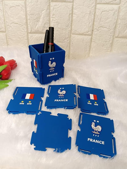 France Pen Holder, Football Team Pen and Pencil Holder, Foldable Silicone Rubber Organizer Square Storage Box Gifts for Fans, Size 7.x7x9 CM