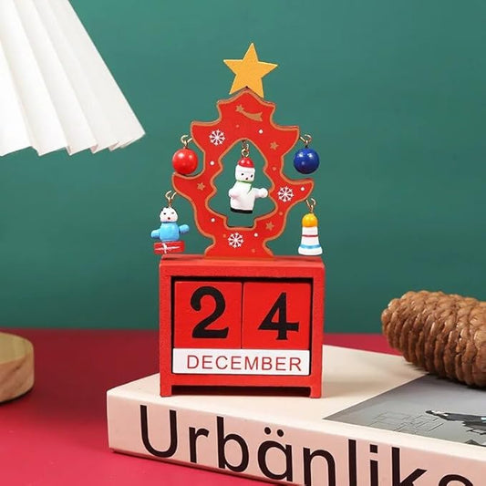 Desktop Calendar Mini Wooden Calendar Ornament Craft Gift | Christmas Tree Design Home Office Decoration | Color Red