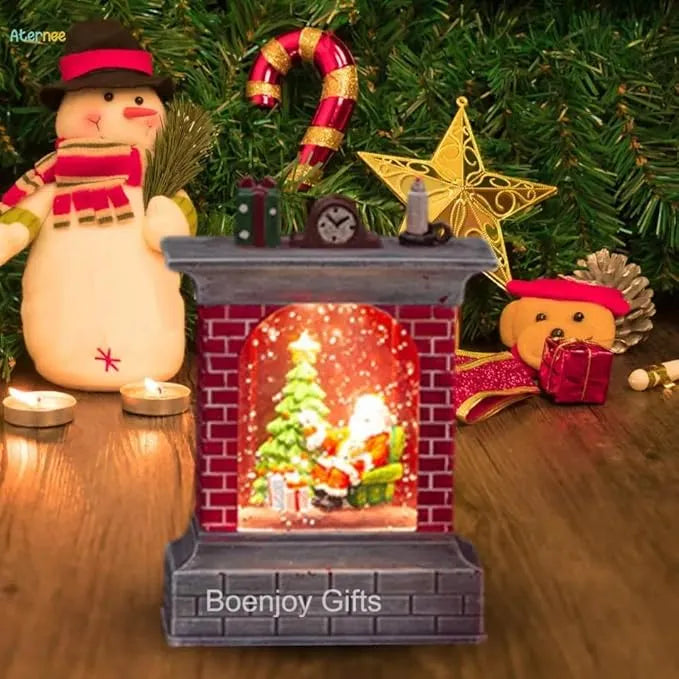 Christmas Fireplace LED Ornament with Santa and Tree Decoration – Mini Light-Up Snow Globe (12.8 cm x 9 cm x 4 cm)