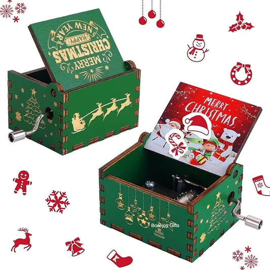 Christmas Wooden Hand Crank Music Box - Festive Merry Christmas Music Box with Vintage Design, Perfect Holiday Gift (Style B)