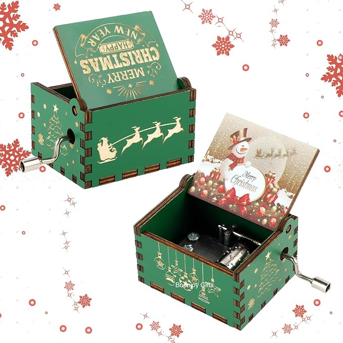 Christmas Wooden Hand Crank Music Box - Festive Merry Christmas Music Box with Vintage Design, Perfect Holiday Gift (Style C)