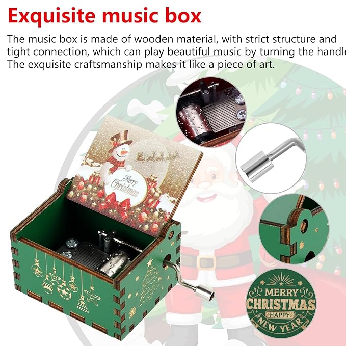 Christmas Wooden Hand Crank Music Box - Festive Merry Christmas Music Box with Vintage Design, Perfect Holiday Gift (Style C)