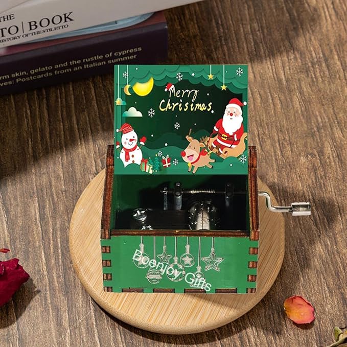 Christmas Wooden Hand Crank Music Box - Festive Merry Christmas Music Box with Vintage Design, Perfect Holiday Gift (Style A)