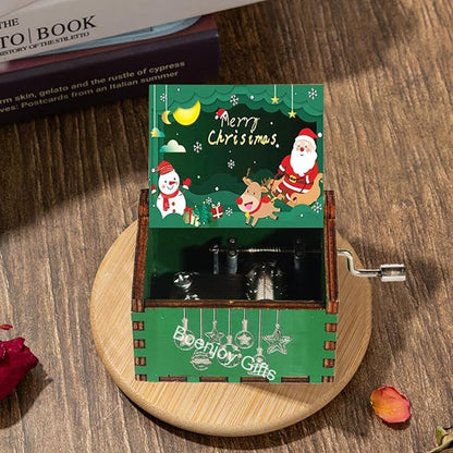 Christmas Wooden Hand Crank Music Box - Festive Merry Christmas Music Box with Vintage Design, Perfect Holiday Gift (Style A)