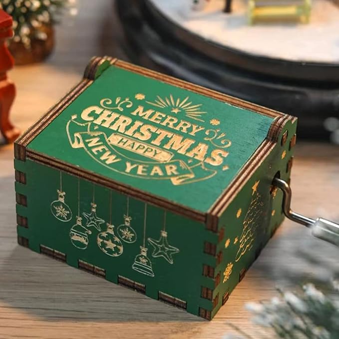 Christmas Wooden Hand Crank Music Box - Festive Merry Christmas Music Box with Vintage Design, Perfect Holiday Gift (Style A)