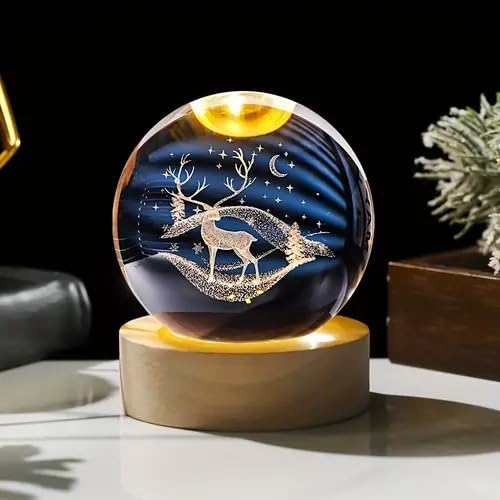 Crystal Ball Christmas Reindeer Luminous Lamp with Wooden Base | Warm White Light for Bedroom Decor, Birthday Gift (No Switch- Only Cable)