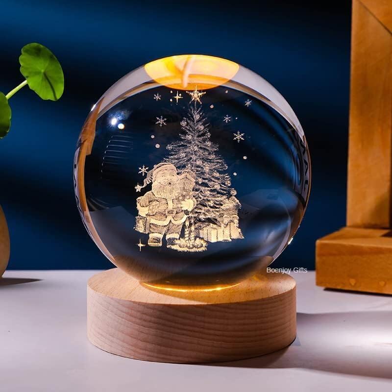 Crystal Ball Christmas Santa Luminous Lamp with Wooden Base | Warm White Light for Bedroom Decor, Birthday Gift (No Switch- Only Cable)