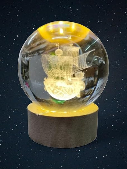 One Piece Luffy Ship 3D Crystal Ball Luminous Lamp with Wooden Base | Warm White Light for Bedroom Decor, Birthday Gift