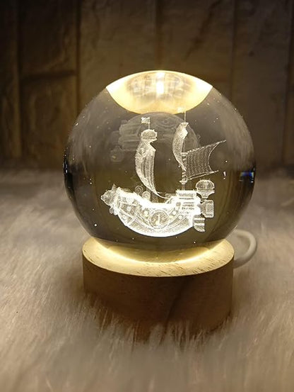 One Piece Luffy Ship 3D Crystal Ball Luminous Lamp with Wooden Base | Warm White Light for Bedroom Decor, Birthday Gift